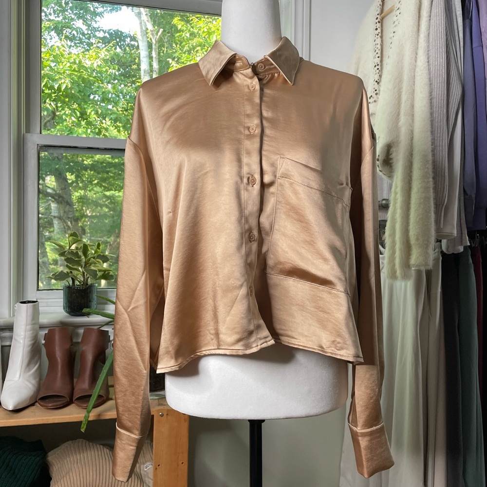 Satin cropped button up shirt